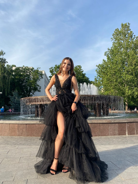 Black Wedding Dress High Low Skirt Tiered Wedding Dress With - Etsy  Singapore
