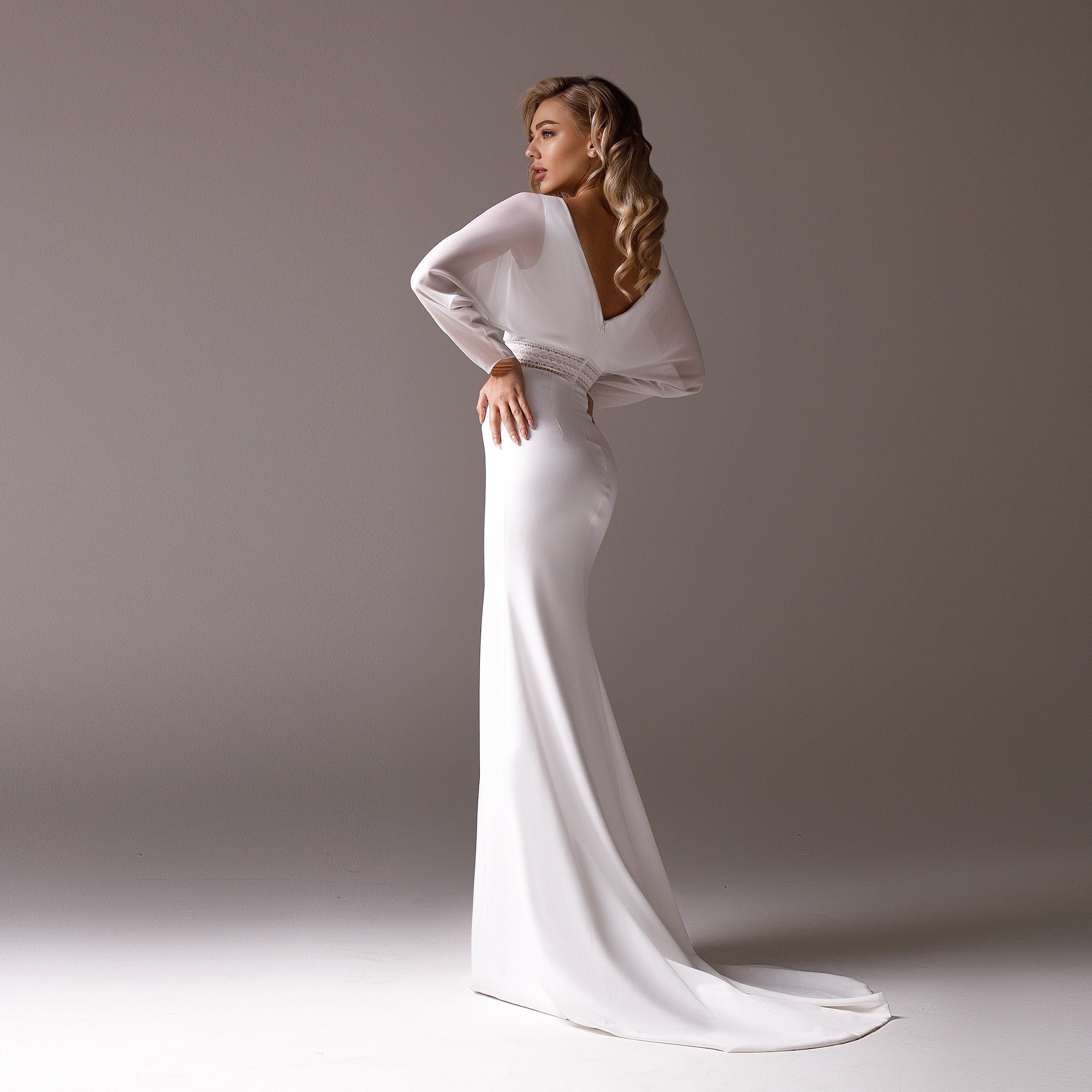 Long Sleeve Wedding Dress in Crepe Dolman Sleeve Wedding Dress