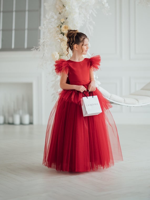 Ball Gown Kids Wedding Guest Dresses Dark Red Kids Pageant Dress, Burgundy  Flower Girl Dress With Flutter Sleeves, Wine Red Kids Wedding Guest Dress,  Girls Maroon Evening Gown