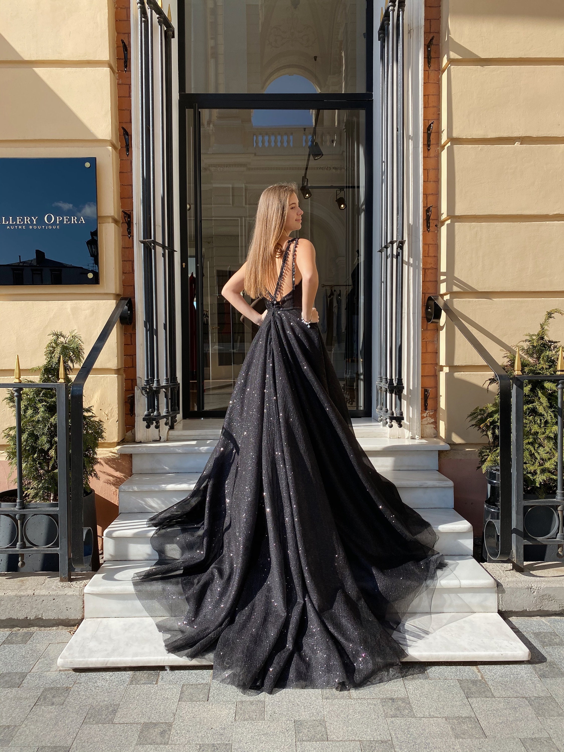 Black Glitter Prom Dress Maxi Glitter 