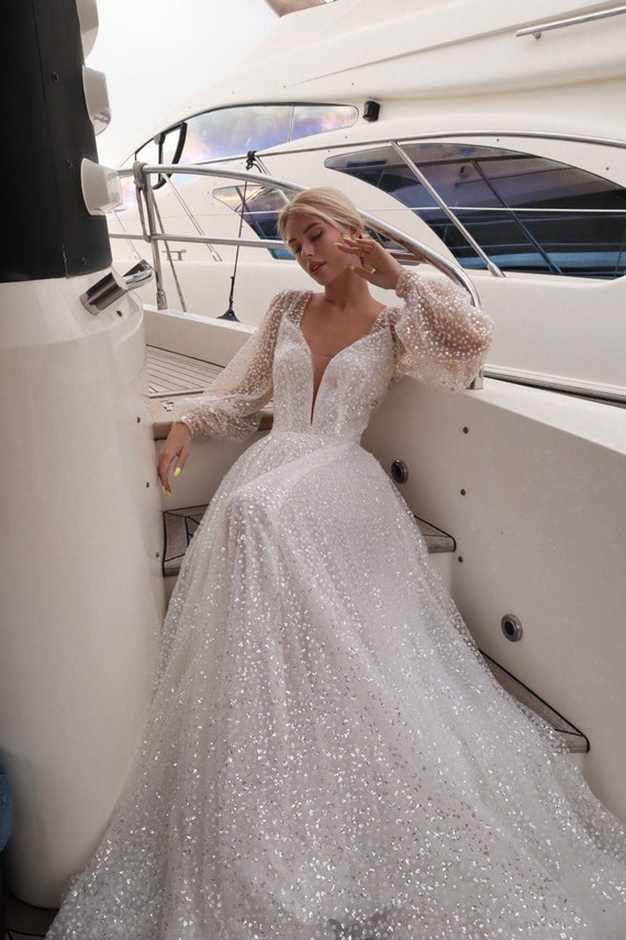 Long Sleeve Sparkly Wedding Dress With 