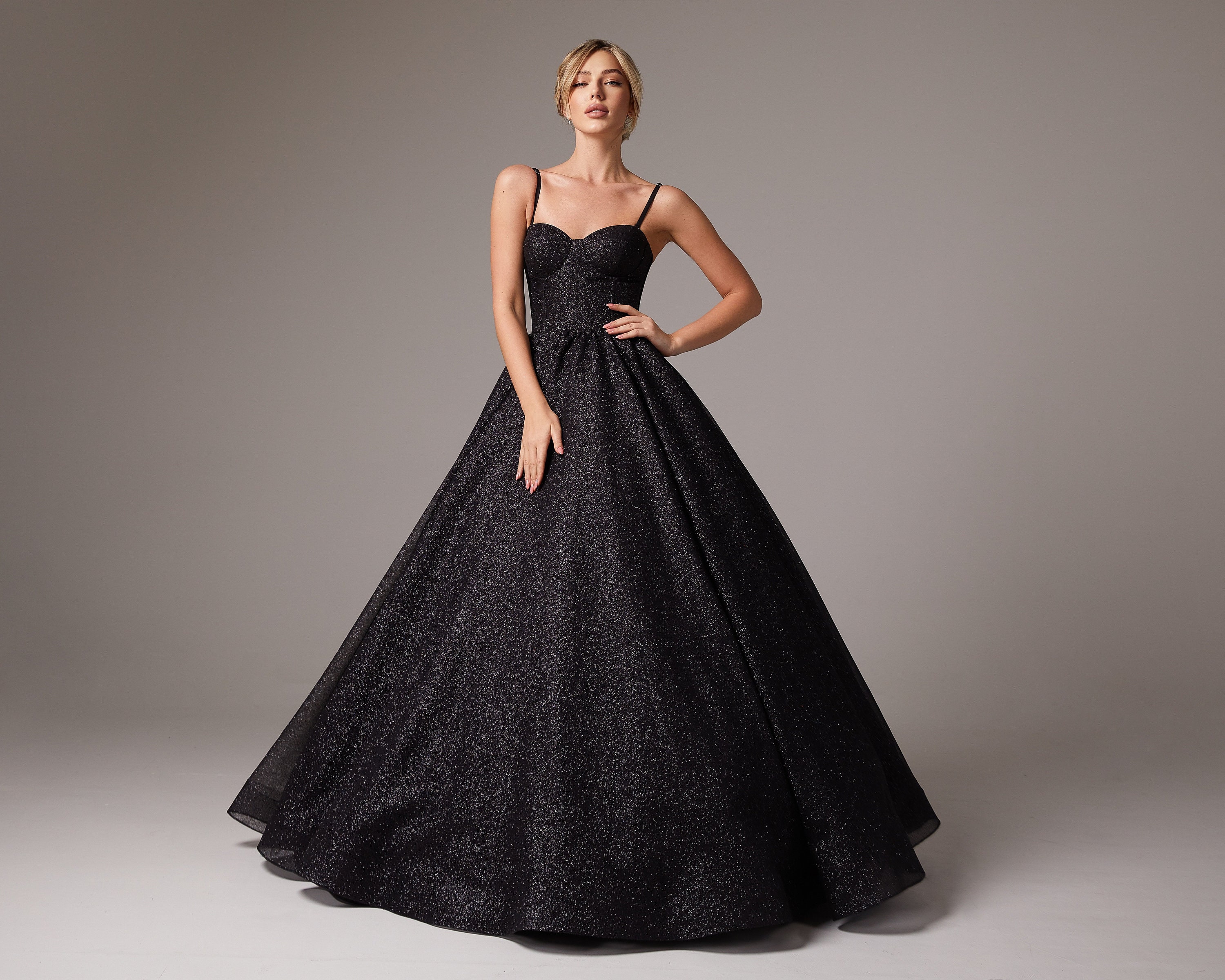 LaNovaleAtelierStore Prom Ballgown Dress with Pockets, Black Glitter Bustier Corset Prom Dress Maxi, Bustier Corset Dress Evening, Corset Prom Dress Blue