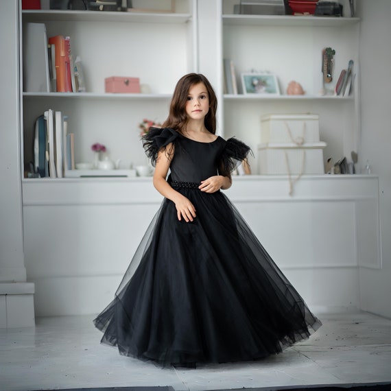 Solid Black Long Dress For Teenage Girls Princess Floor Dresses With Flower  Belt Girl Halloween Pageant Costumes For Kid