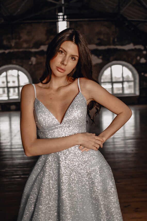 LaNovaleAtelierStore Prom Ball Gown Dress Maxi, Spaghetti Straps Backless Prom Dress with Pockets, Red Sparkly Ballgown Dress, Dusty Blue Quinceanera Dress