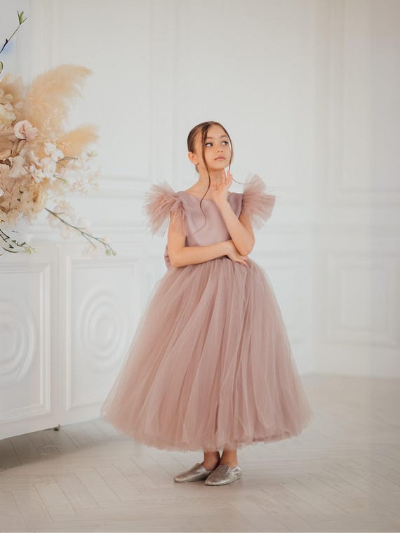 dusty rose formal dress for girls, flower girl midi dress with flutter sleeves, kids birthdays tutu dress, kindergarten graduation dress