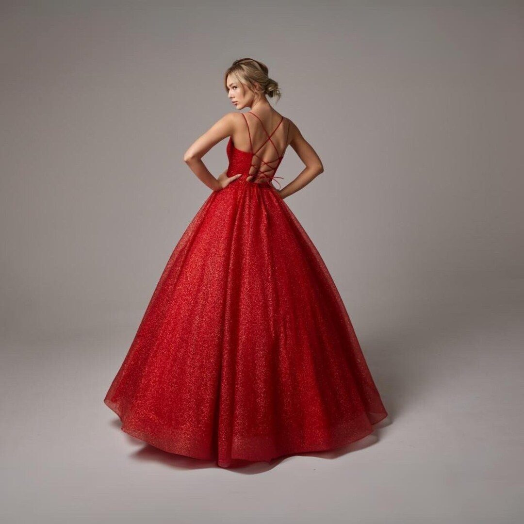 Attractive V-neck Red Sparkly Prom Ball Gown main image 1