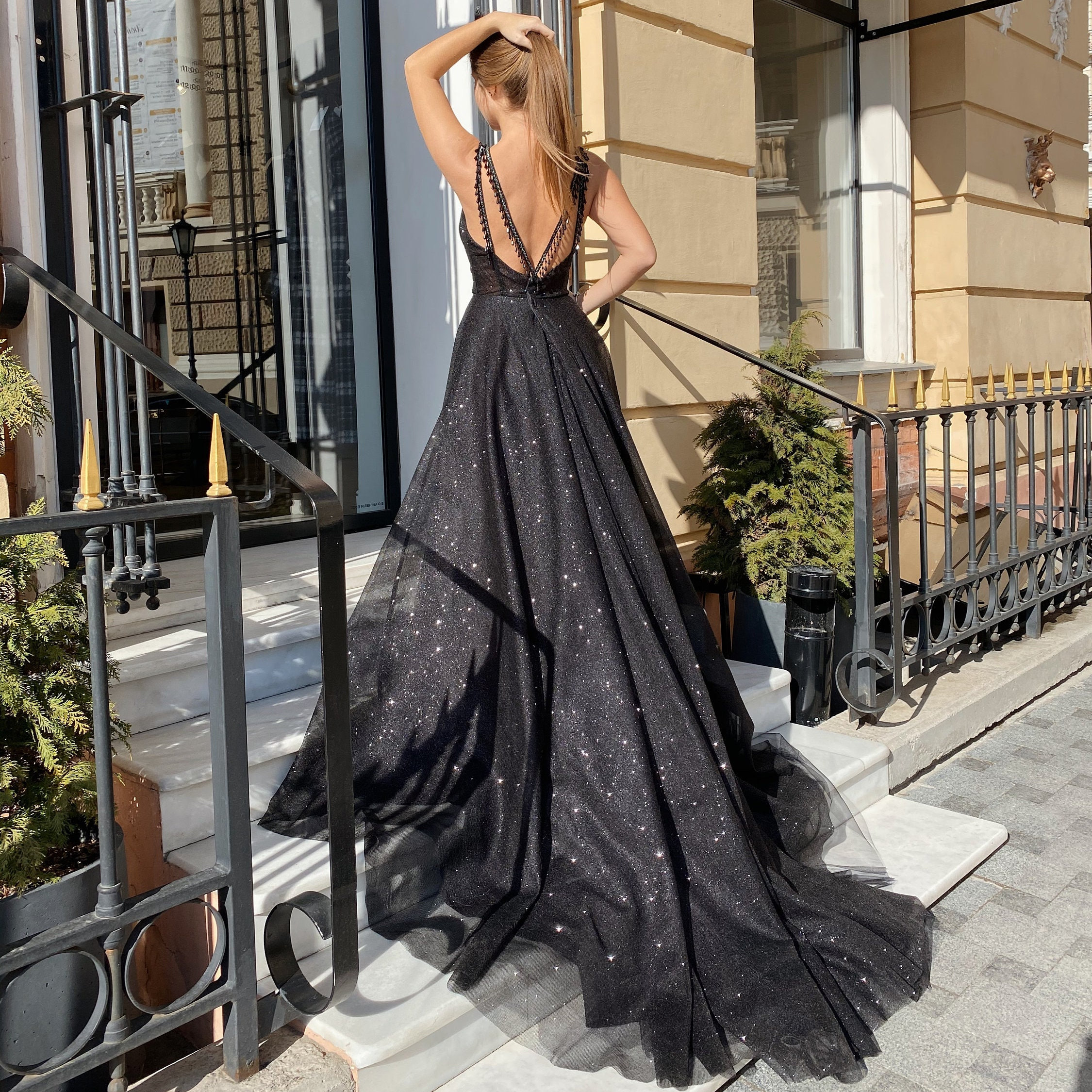 Buy Sparkly Black Prom Dress, A-line Prom Dress With Detailed Back