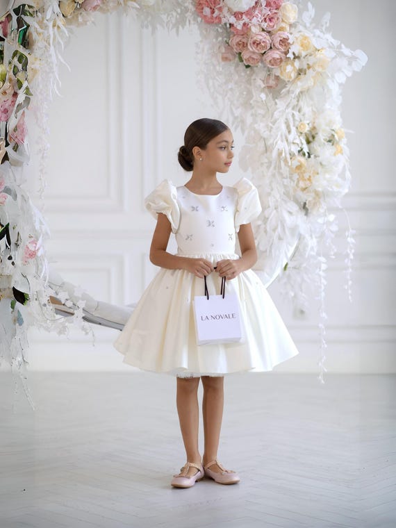 Short Church White Dresses Short Ivory Flower Girl Dress With Puff Sleeves,  Satin Kids Occasion Dress