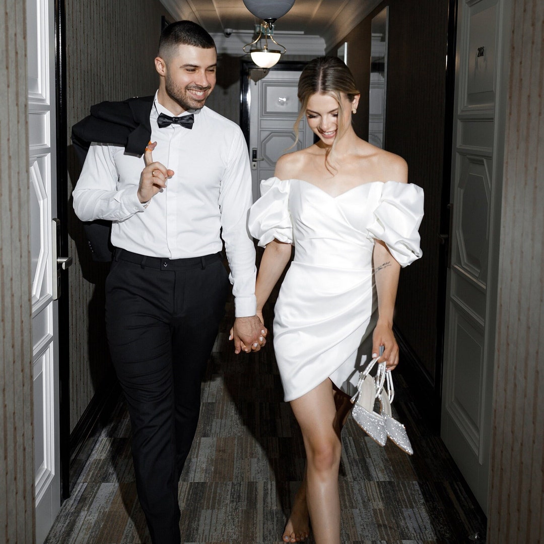 Short Wedding Dress Satin Ruched Wedding Reception Dress Etsy