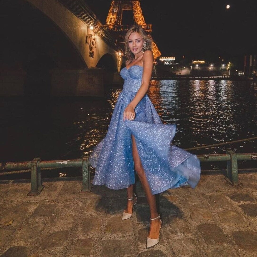 Steel Blue Prom Dress Midi, Sparkly Glitter Coctail Dress With High