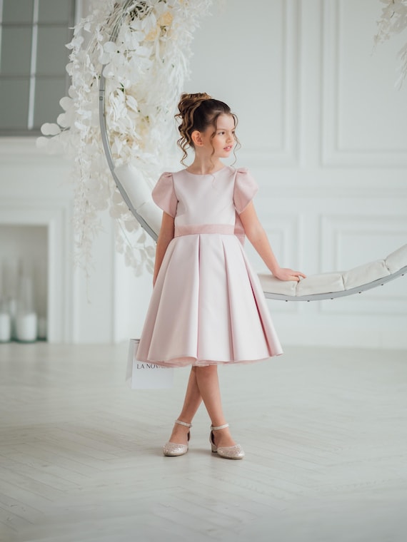 elegant dress pink Girls Ivory Heirloom Christening Dress | Lace and Satin Bows