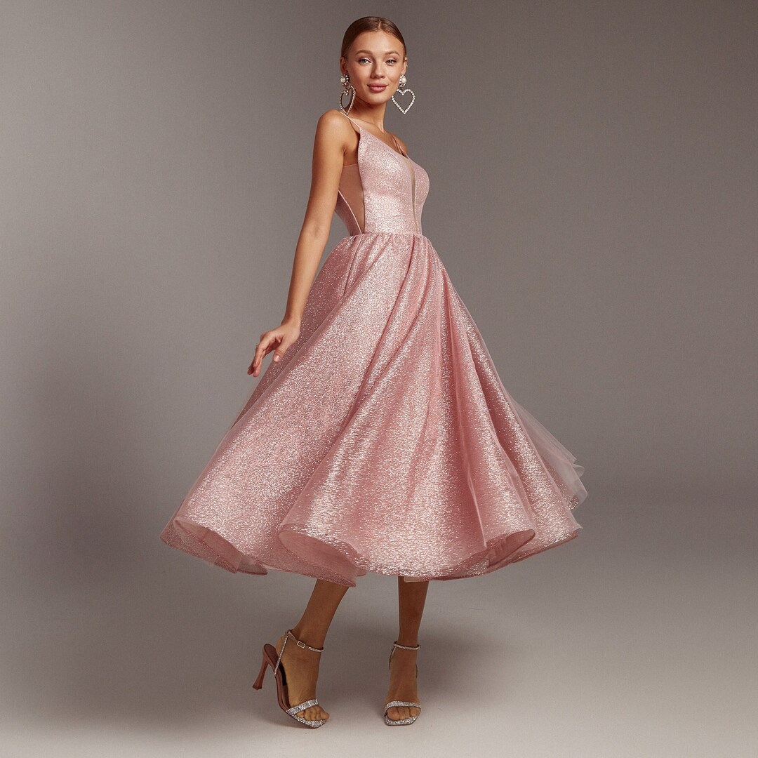 Blush Wedding Guest Dress Midi, Low Back Steel Blue Coctail Dress With