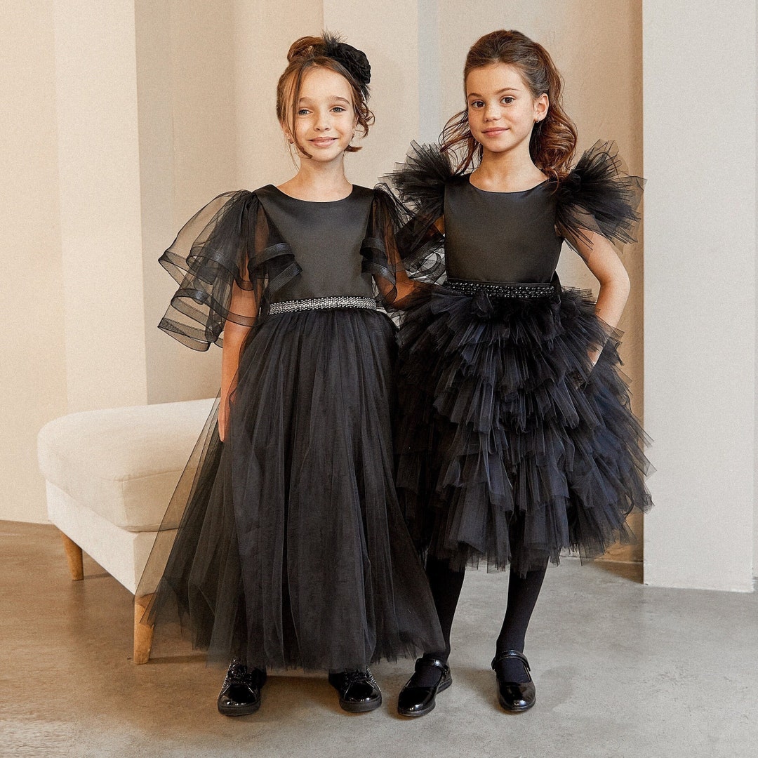 Black Flower Girl Dress With Rhinestone Sash, Gothic Flower Girl Dress