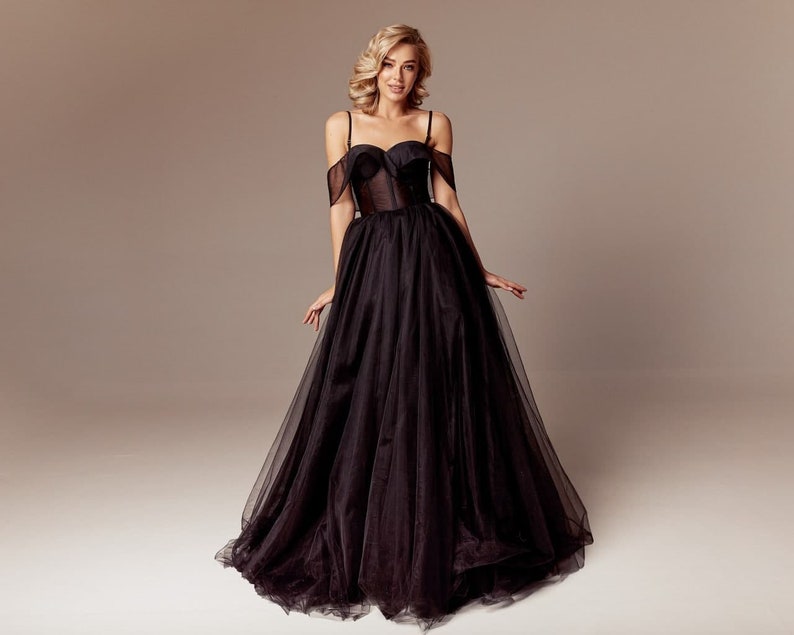 black wedding dress tulle spaghetti straps wedding photoshoot image 2