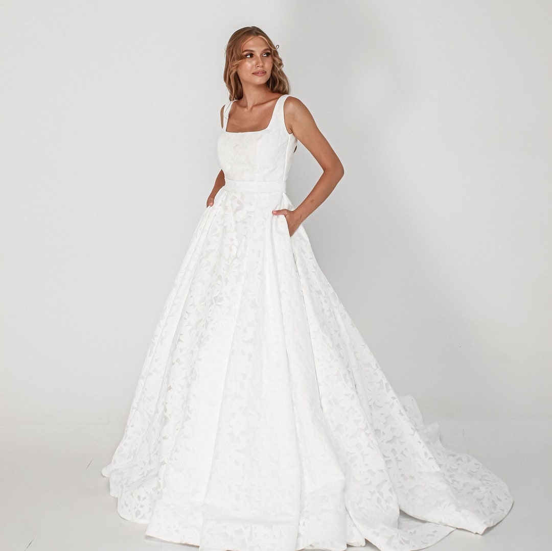 Aline Wedding Dress With Square Neck, Floral Tapestry Wedding Dress