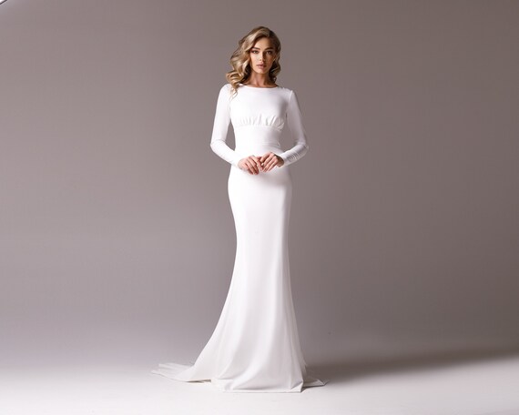 Minimalist Wedding Dress Long Sleeve, Stretch Crepe Full Sleeve Wedding Dress Mermaid, Modest Wedding Dress, Fitted Wedding Dress Ivory
