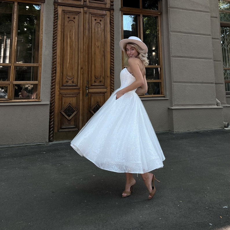 short wedding dress, 1950s inspired wedding reception dress midi, swing skirt sparkle wedding dress, silver white ballerina wedding dress image 4