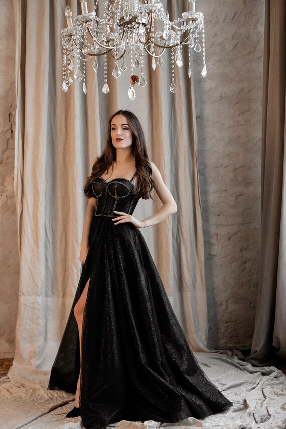 black evening gown with rhinestones