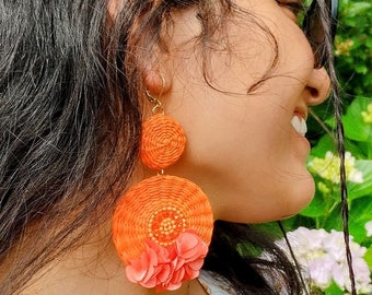 Handwoven earrings in MAWISA VEGETABLE fiber, mustard, silk and stainless steel - GIFT for her - Orange
