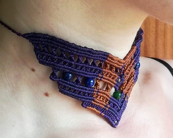 Dazzle with your Choker - Necklace woven by hand in macramé with semiprecious stones purple and copper - GIFT perfect for her