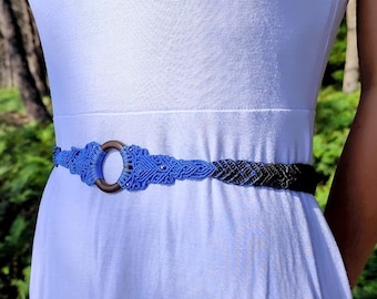 Macramé signature belt with adjustable elastic fabric woven knot to knot color ( Blue and black ) - COLLECTION model