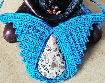 Necklace with stone ( Leopardita -> Emotional balance ) of macramé blue color - WOMAN