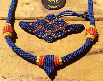 Macramé set: Necklace + macramé bracelet - UNISEX - Blue, yellow and orange color.