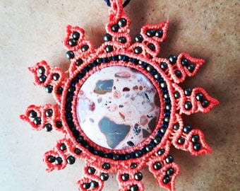 Macramé Necklace & Healing Stone ( LEOPARDITA - Emotional Balance ) ORANGE color