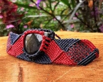 Bracelet in Macramé with semi-precious stone ( Obsidian ) dark blue and red - UNISEX - Handmade jewelry