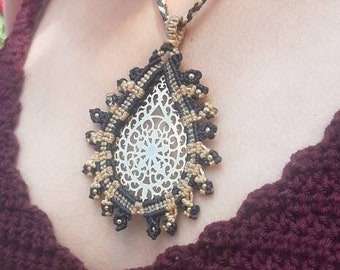 MACRAMÉ Necklace and Handwoven Bronze in Sacred Geometry in dark brown and beige - GIFT for her and the - Handmade Jewelry