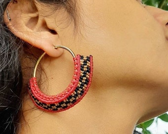 Earrings with large macramé ring and stainless steel gold - Woman - Choose your favorite color in red, yellow, blue...
