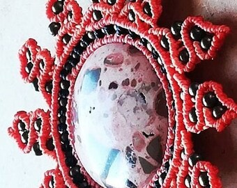 Macramé Necklace & Healing Stone ( LEOPARDITA - Emotional Balance ) ORANGE color