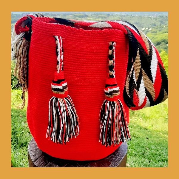 Grand sac WAYUU crocheté main - GRAND sac bandoulière Wayuu rouge tissé en Colombie par la communauté Wayuu