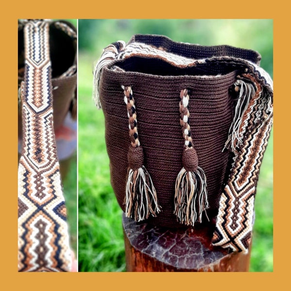 GRAND sac WAYUU tissé en marron - Choisissez votre design de sangle préféré - Sac à dos Wayuu tissé par des femmes autochtones colombiennes