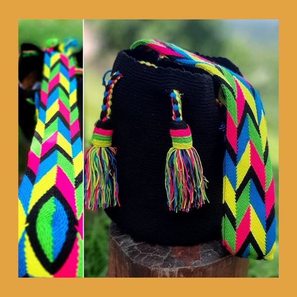 Choisissez votre grand sac WAYUU tissé main en crochet de couleur unie (Noir) - Choisissez entre 3 types d'anse - Sac à dos Wayuu Noir