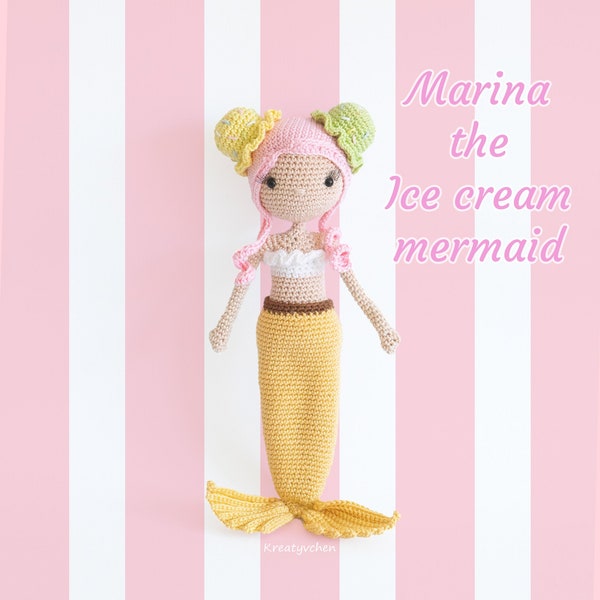 Marina the Ice cream mermaid - crochet doll pattern english digital download
