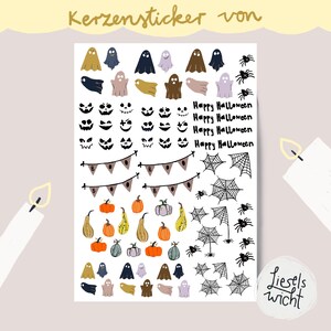 Könnte beinhalten: Eine Bogen mit Halloween-Stickern mit Geistern, Kürbissen, Spinnen, Fledermäusen und dem Text "Happy Halloween".
