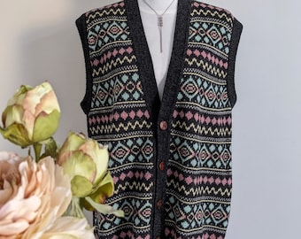 Gilet en laine vintage gris foncé motifs fleurs