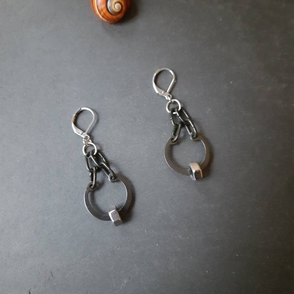 Snap ring earrings with M6 nut. Industrial earrings. Black earrings. Extravagant earrings. Earrings large hanging.