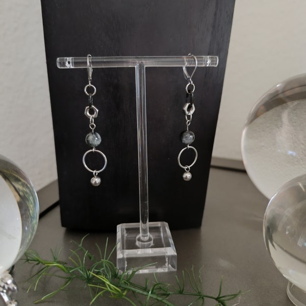 Tourmaline quartz earrings. Stainless steel earrings. Milky white gemstone. Earrings hanging. Extravagant earrings. Gift idea. talisman