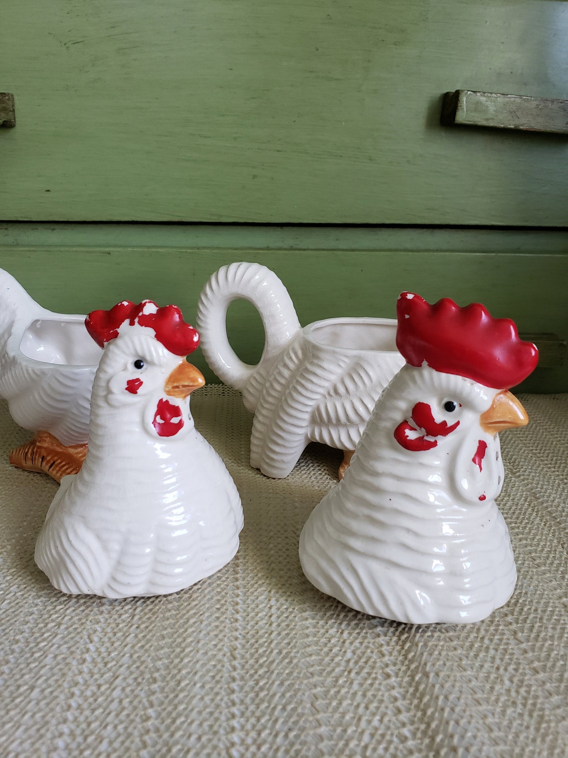 Vintage rooster/hen 4 in 1 salt and pepper cream and sugar Etsy