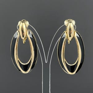 Vintage gold tone and black enamel clip-on earrings Vintage gift for her Vintage classic jewelry 80s door knocker earrings