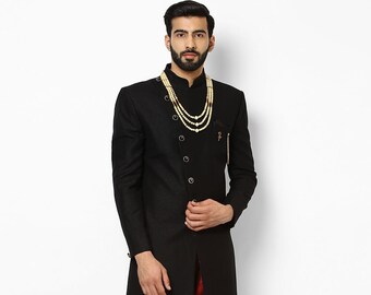 Smartfashions New Stylish Etnic Designer Partywear Black Indo western Sherwani for men.