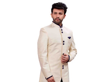 Smarfashions New Stylish Ethnic Designer Partywear Ivory Banarasi Silk Indo Western for Men with Free Size Harem.