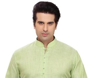 New Stylish Ethic Partywear Designer Cotton Linen Mint Green Kurta Pajama For Men.