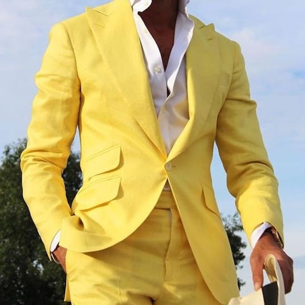 Yellow Linen Suits, Wedding Suits, Groom Wear Suits, Summer Suits, Beach Suits Party Wear Coat Pant for men / plus size available