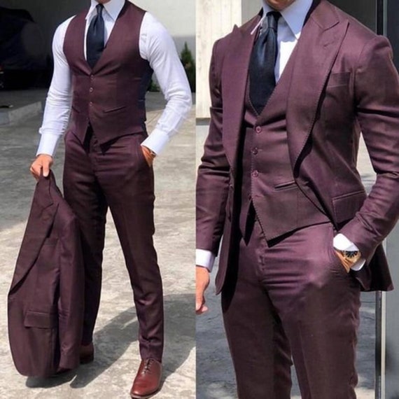 internacional unir Corteza Trajes de hombre 3 piezas Formal Fashion Slim Fit Suit Vino - Etsy España