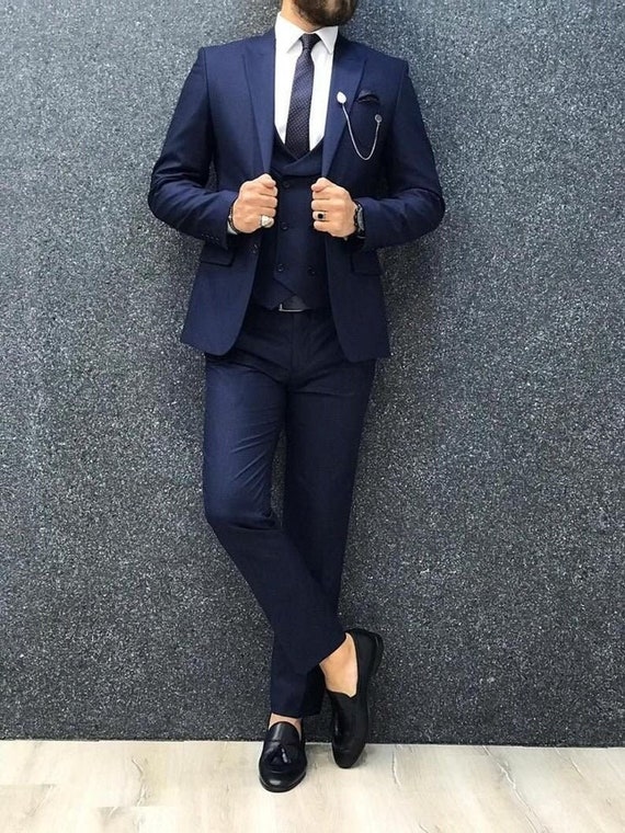 Navy Designer Suit with Embroidered Motif on Right Side – Bonsoir