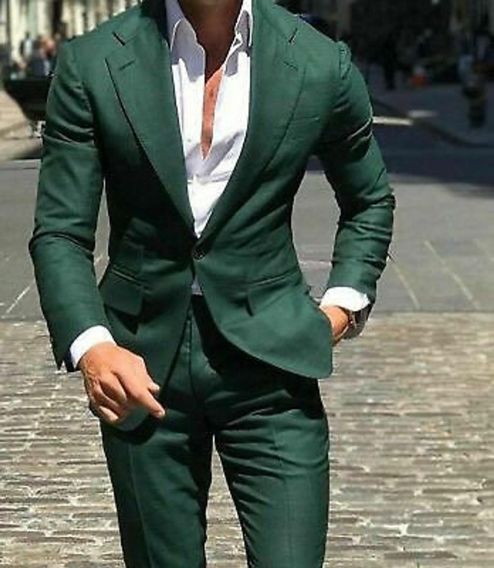 Men Suits Green 2 Piece Formal Fashion Wedding Suit Groom Wear Slim Fit 