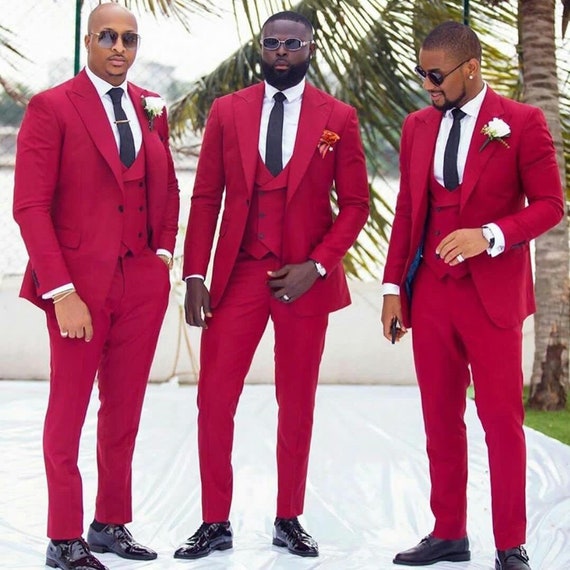 STATEMENT RED 3PC 2 BUTTON SOLID COLOR MENS SUIT WITH DOUBLE